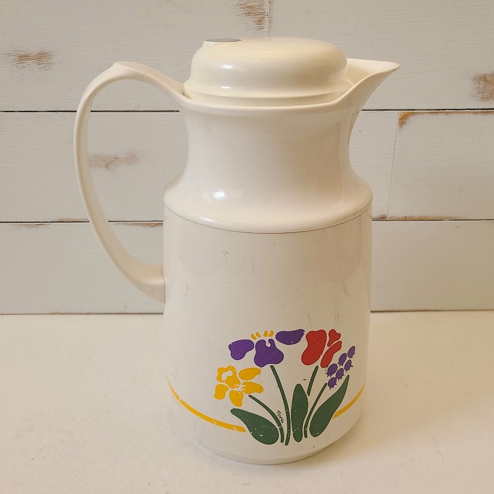 Vintage Plastic Thermos Insulated Coffee Pitcher Floral Print 1980s Kitchenware